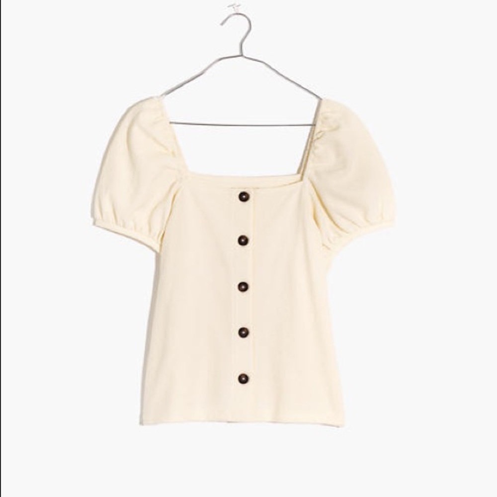 NWT Jacquard Square-Neck Puff-Sleeve Top